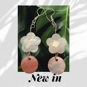Floral Shell Drop Earrings - Pink and White